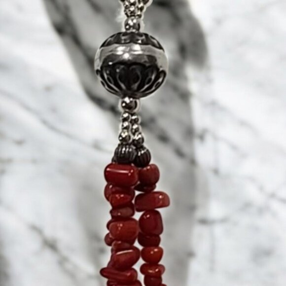 CAROLYN POLLACK Triple Strand Natural Red Coral Nugget .925 Native Pearl Beads - Picture 7 of 12